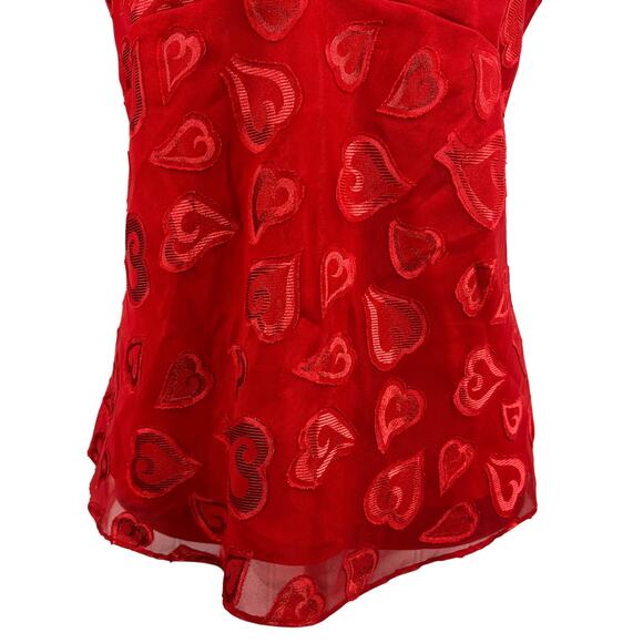 Y2K Babydoll Camisole Tank Top Medium Red Textured Hearts Mesh Overlay Satin Vtg - Picture 12 of 15